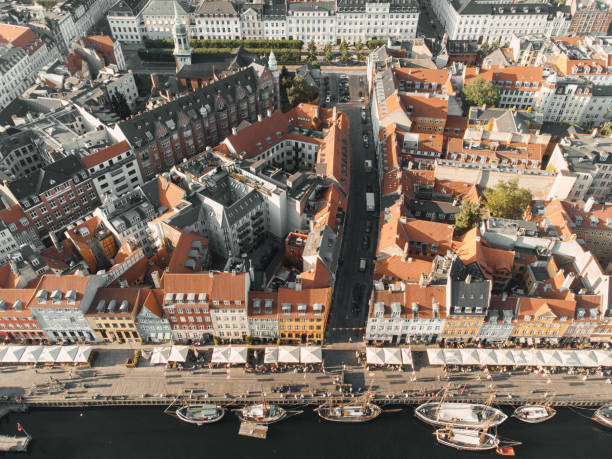 nyhavn, the ancient harbor in copenaghen, denmark - drone copenhagen bildbanksfoton och bilder