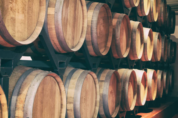 Oak barrels with wine in dark cellar. Modern production of wine with the observance of age-old traditions. stock photo