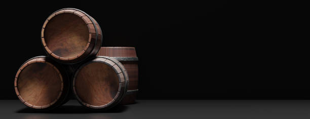 Oak wood barrel, wine beer storage. Wooden alcohol barrel on dark background. 3d render stock photo