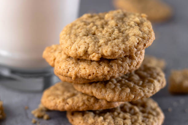 Oatmeal cookies with glass of milk stock photo