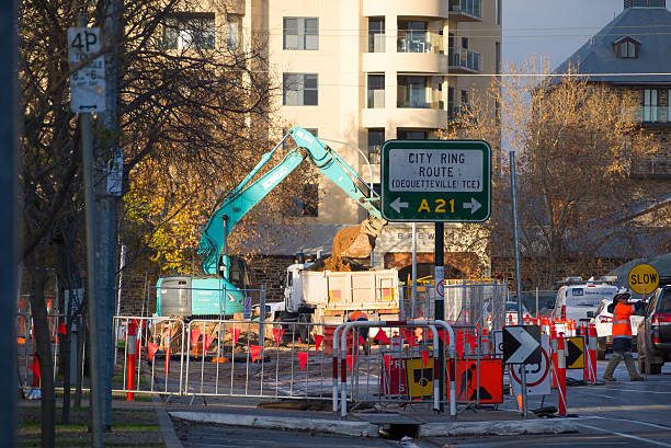 O-Bahn road construction on Dequetteville Terrace, Adelaide stock photo