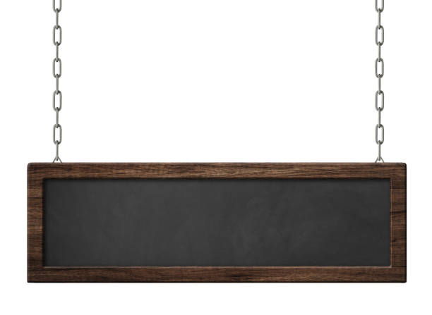 oblong blackboard with dark wooden frame hanging on chains - wooden sign board against white imagens e fotografias de stock
