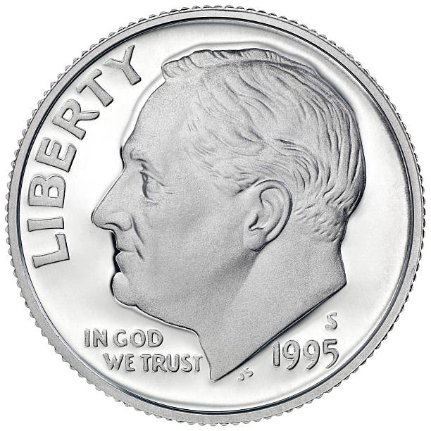 Obverse of the 1995 Roosevelt Silver Dime High resolution and very sharp image, Include clipping path dime stock pictures, royalty-free photos & images