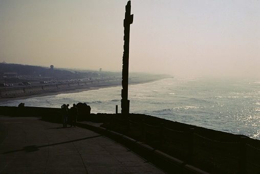 San Francisco, California, United States - January 01, 1978:  Ocean Beach viewed from Sutro Heights near the Cliff House restaurant in San Francisco, California, 1978