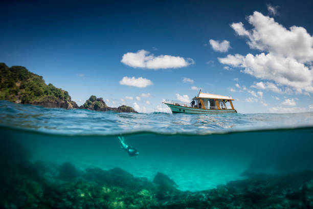 Ocean realm View of a tour boat and a woman free diving at 'Sancho' beach in the archipelago of Fernando de Noronha - Brazil woman snorkeling stock pictures, royalty-free photos & images