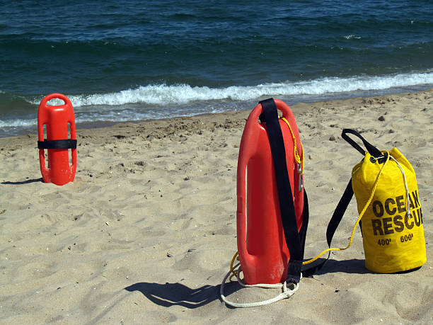 Ocean Rescue Gear Near Water's Edge in Ocean Grove, New Jersey stock photo