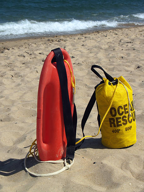 Ocean Rescue Gear Ready in Sand in Ocean Grove, New Jersey stock photo