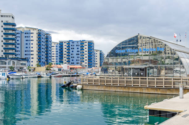 Ocean Village with its marina and modern residential apartments in Gibraltar stock photo