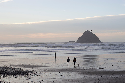 Oceanside, OR, USA - Jan 16, 2022: Visitors to the beach in Oceanside, Oregon during sunset. Tsunami threats along the Pacific Coast triggered by a massive volcanic eruption in Tonga have receded.