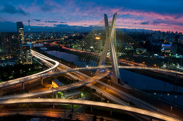 Octavian Frias de Oliveira Bridge Sao Paolo Brazil by Night stock photo