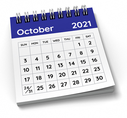 October 2021 Calendar. 3D Render.
