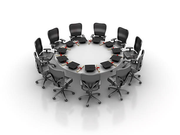 Office Chairs Meeting with Graduation Caps - 3D Rendering Office Chairs Meeting with Graduation Caps - White Background - 3D Rendering business associate degree stock pictures, royalty-free photos & images