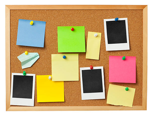 Office cork board. "Office cork board with colorful notes,polaroid photos attached by thumbtacks isolated on white. For designer usage." bollard photos stock pictures, royalty-free photos & images