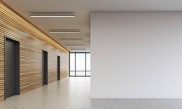Office lobby with white wall Office lobby interior with wooden walls and large white space. Concept of business building. 3d rendering. Mock up entrance hall stock pictures, royalty-free photos & images