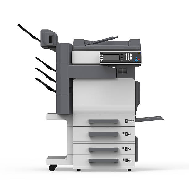 Office Multifunction Printer Office Multifunction Printer isolated on white background. 3D render xerox machine stock pictures, royalty-free photos & images