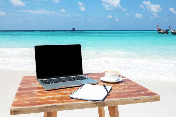 Office Of Freelancer On The Tropical Beach stock photo