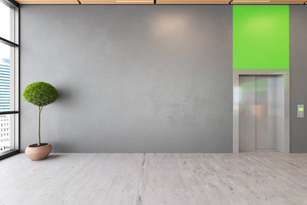 Office open space lobby ecological interior with concrete floor, wooden ceiling, reception, lift. Office open space lobby ecological interior with concrete floor, wooden ceiling, reception, lift. 3d render illustration mock up. Lobby stock pictures, royalty-free photos & images