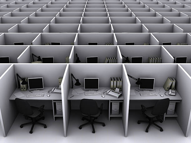 Office 3D illustration of grey office for routine work office cubicle stock pictures, royalty-free photos & images