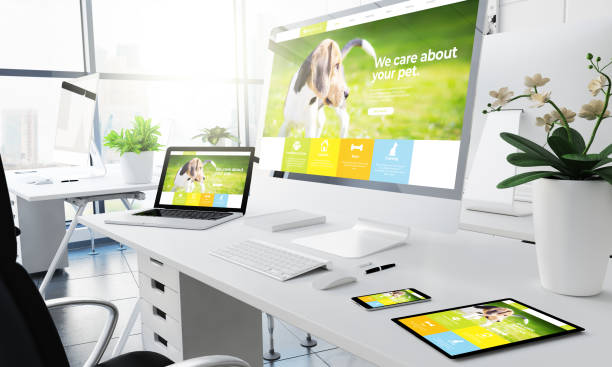 office responsive devices pet website office responsive devices pet website 3d rendering web design stock pictures, royalty-free photos & images