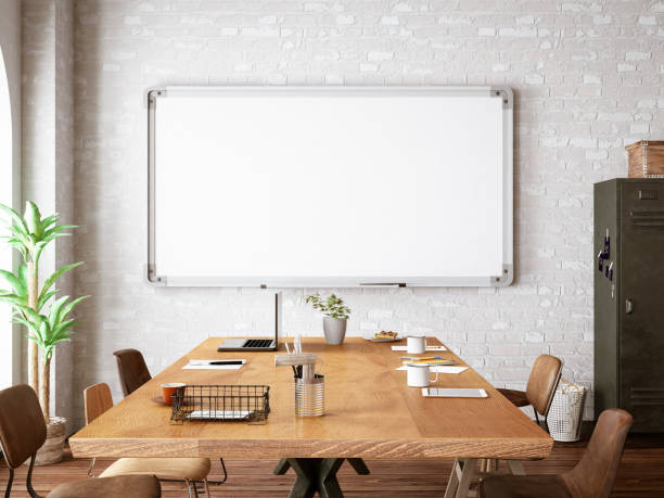 Office with White Board Office with White Board on concrete wall. 3D Render chalkboard visual aid stock pictures, royalty-free photos & images