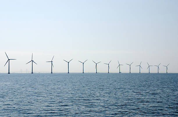 Offshore wind turbines outside Copenhagen, Denmark stock photo