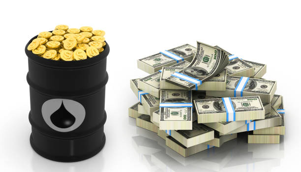oil barrel with Dollar notes and gold coins oil barrel with Dollar notes and gold coins .3d illustration oil finance market stock pictures, royalty-free photos & images