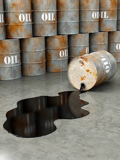 Oil gallons stacked and one gallon spilling oil A rusty damaged oil barrel spilling oil on the ground. Very high resolution 3D render. oil  stock pictures, royalty-free photos & images