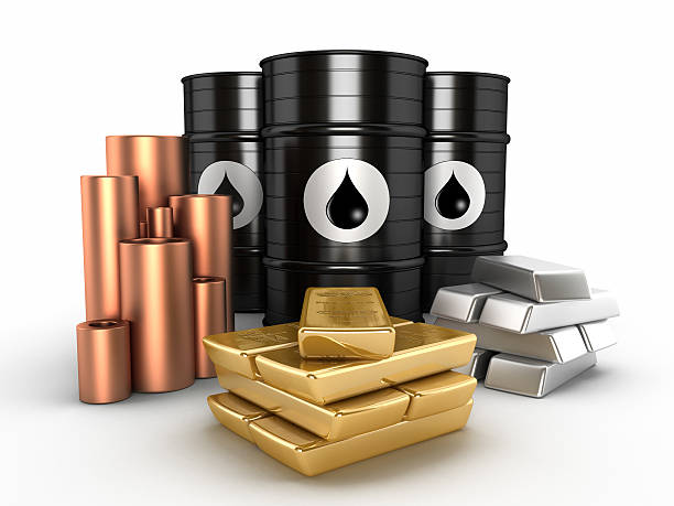 Oil, gold,platinum and copper "Oil barrels, copper rods and gold,platinum bars isolated on white. Popular instruments for investment.Similar:" oil finance market stock pictures, royalty-free photos & images
