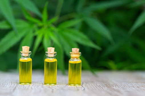 CBD oil hemp products, Medicinal cannabis with extract oil in a bottle on a wooden table. Medical cannabis concept