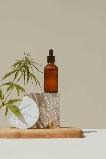 CBD oil in brown bottle with dropper and cannabis branch, hemp on podium Beige background stock photo