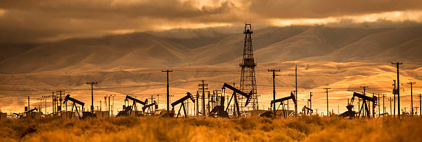 Oil industry well pumps A nodding donkey rig pumps crude up from the ground on an oil field oil pump stock pictures, royalty-free photos & images