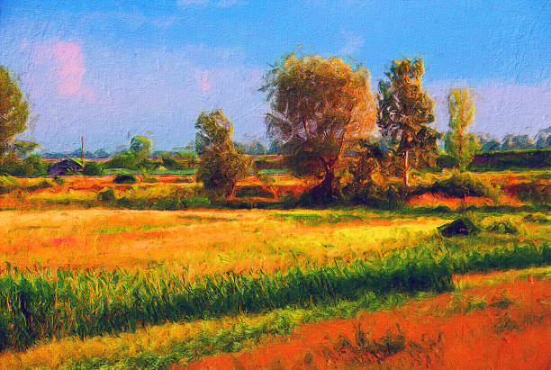 Oil landscape painting showing wheat field in summer stock photo