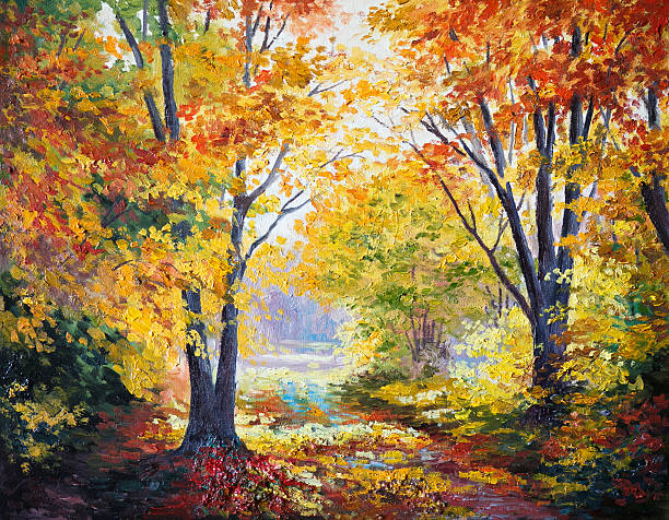 oil painting on canvas - autumn forest oil painting on canvas - autumn forest, abstract, season, modern landscape painting stock pictures, royalty-free photos & images