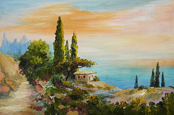 pintura al óleo sobre lienzo - casa en la playa - landscape painting fotografías e imágenes de stock
