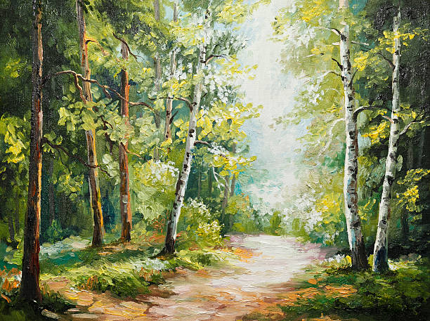 pintura al óleo sobre lienzo - bosque de verano - landscape painting fotografías e imágenes de stock