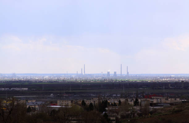 Oil rafinery city seen from distance, in Ploiesti stock photo
