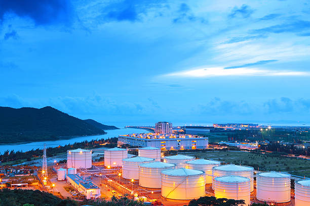 Oil refinery factory pictured at dawn stock photo