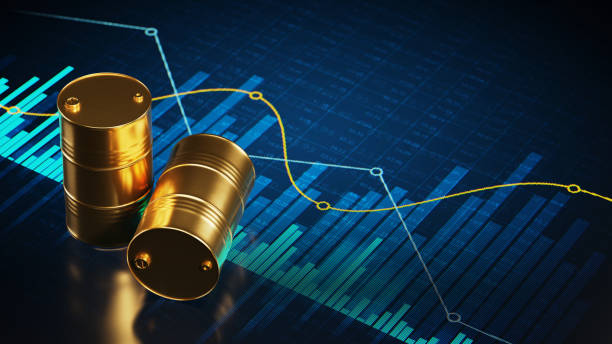Oil stock market concept image Abstract financial charts on a digital display and two golden oil drums on it, as symbol of oil, gasoline or fuels and lubricants. oil stock pictures, royalty-free photos & images