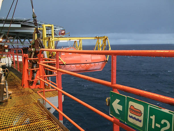 Oilrig lifeboat station stock photo