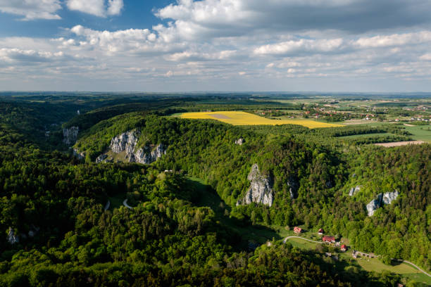 Ojcowski National Park, drone aerial view of Ojcow in spring May. stock photo
