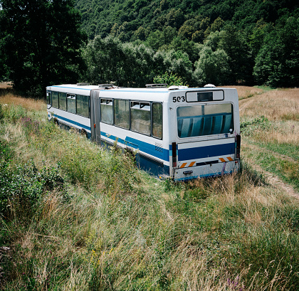 An old abandoned bus left to rust in a summer meadow surrounded by dense forest.