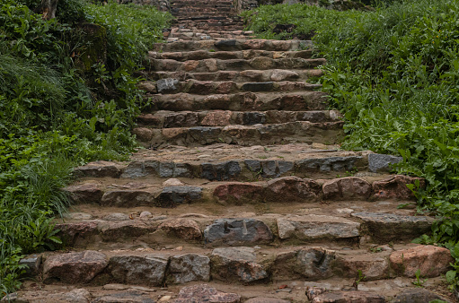 Old ancient stone stairs in nature. Steps among green grass, plants outdoors. Way and path up to temple.