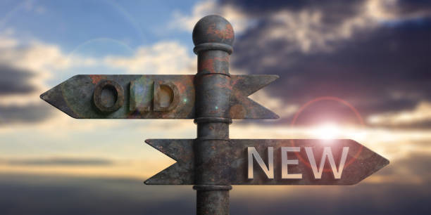Old and new written on signposts isolated on sunset background. 3d illustration Old and new written on signposts isolated on sky at sunset or sunrise background. 3d illustration old vs new stock pictures, royalty-free photos & images