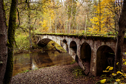 Old arch bridge in Romincka Forest (Rominter Heide) natural reserve, region. Stone bridge on river.