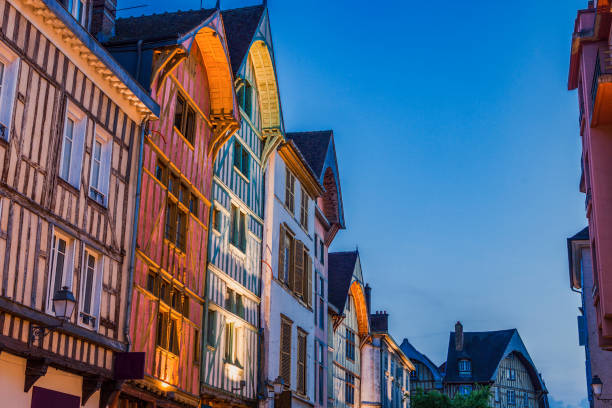 Old architecture of Troyes at night stock photo