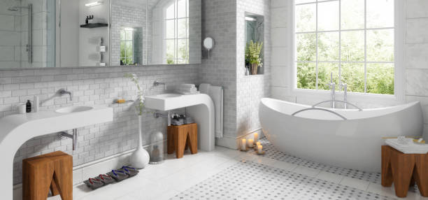 Old bathroom after renovation (panoramic) - 3d visualization stock photo