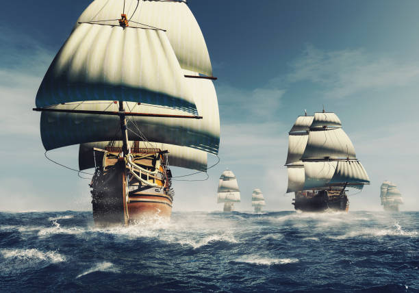海の中の古い戦艦艦隊.これは 3d レンダリングのイラストです。 - 中世 ストックフォトと画像
