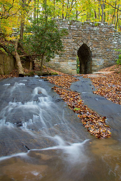 Old bridge and waterfall stock photo
