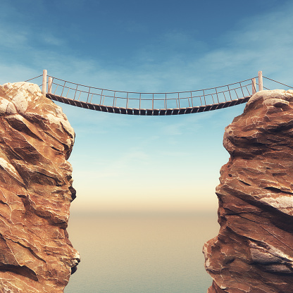 Old bridge over between two big rocks. This is a 3d render illustration