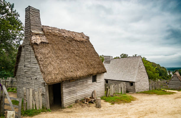 Old buildings in Plymouth plantation at Plymouth, MA stock photo